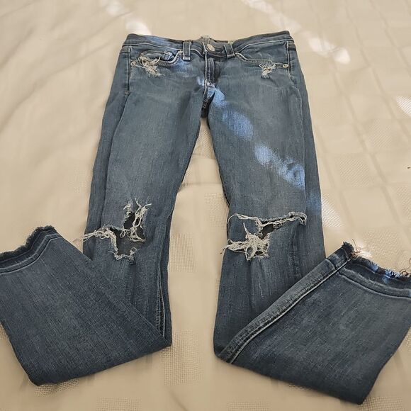 Women's Blue Distressed Jeans With Raw Hem - Picture 10 of 16